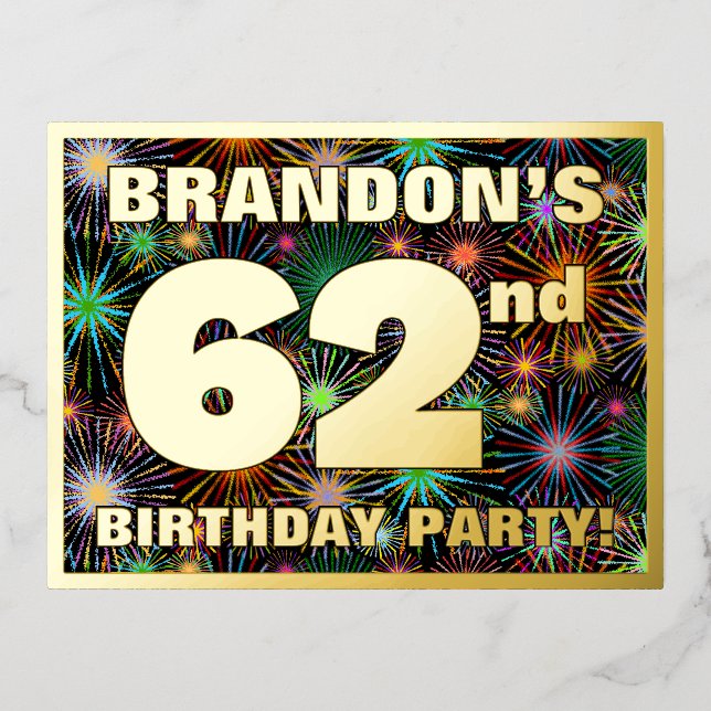 62nd Birthday Party: Bold, Colourful Fireworks Loo Foil Invitation Postcard (Front)