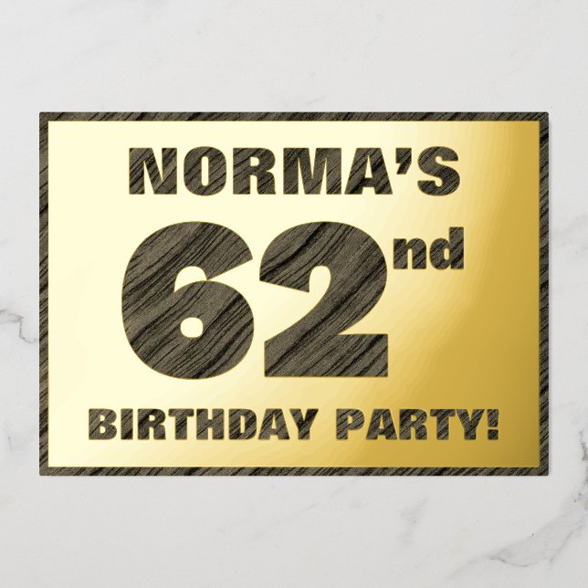 62nd Birthday Party — Bold, Faux Wood Grain Text (Front)