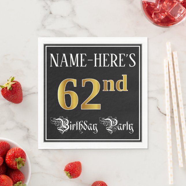 62nd Birthday Party — Fancy Script, Faux Gold Look Napkin (Insitu)