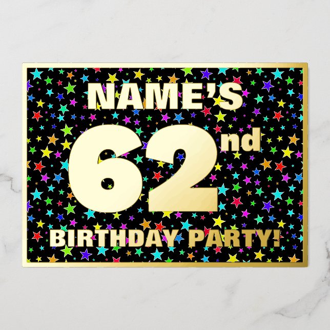 62nd Birthday Party — Fun, Colourful Stars Pattern (Front)