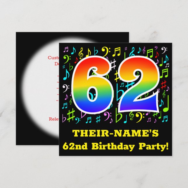 62nd Birthday Party: Fun Music Symbols, Rainbow 62 Invitation (Front/Back)