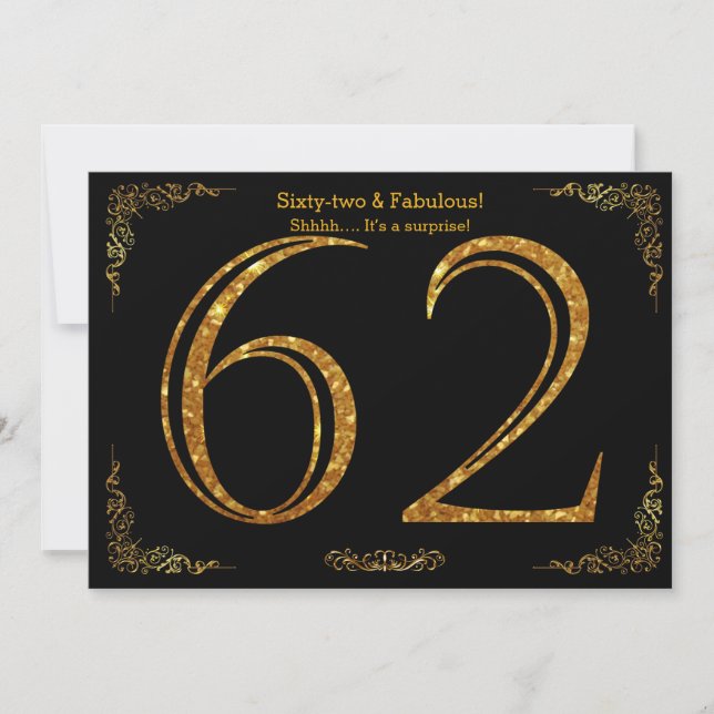 62nd Birthday party,Gatsby styl,black gold glitter Invitation (Front)