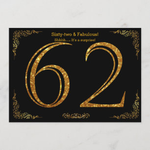 62nd Birthday party,Gatsby styl,black gold glitter Invitation