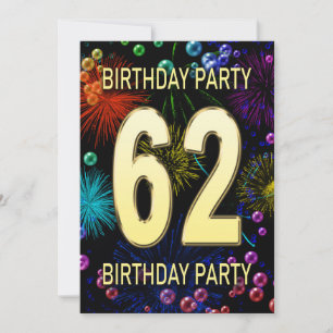 62nd Birthday Party Invitation Fireworks Bubbles
