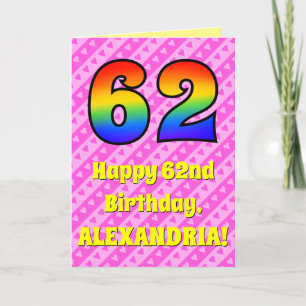 62nd Birthday: Pink Stripes & Hearts, Rainbow # 62 Card