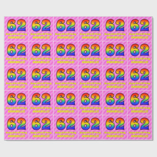 62nd Birthday: Pink Stripes & Hearts, Rainbow # 62 Wrapping Paper