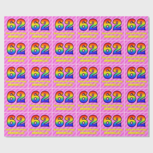 62nd Birthday: Pink Stripes & Hearts, Rainbow # 62 Wrapping Paper (Flat)