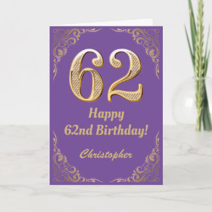 62nd Birthday Purple and Gold Glitter Frame Card