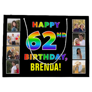 62nd Birthday: Rainbow Text, Custom Photos & Name Large Gift Bag
