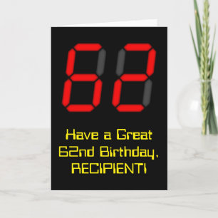62nd Birthday: Red Digital Clock Style "62" + Name Card