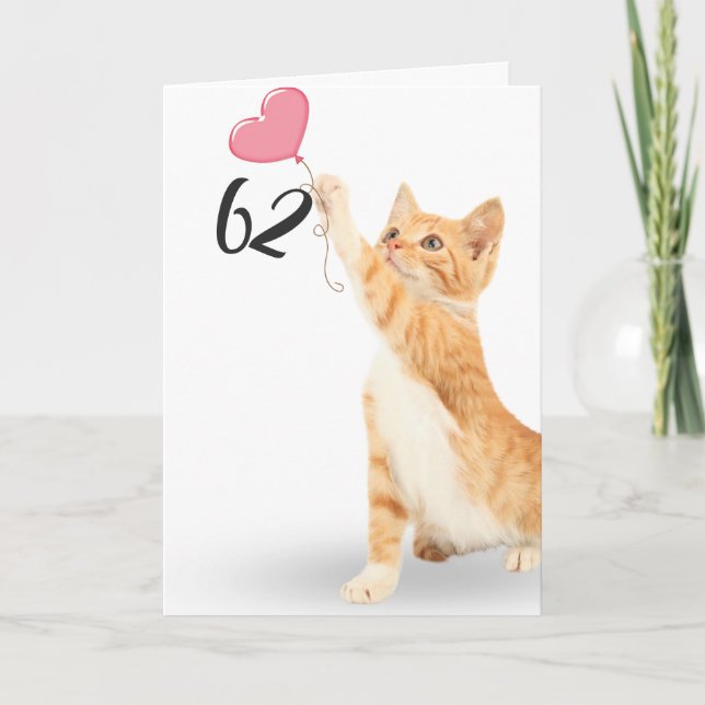 62nd birthday tabby cat with heart balloon card (Front)