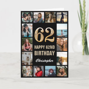 62nd Happy Birthday Black and Gold Photo Collage Card