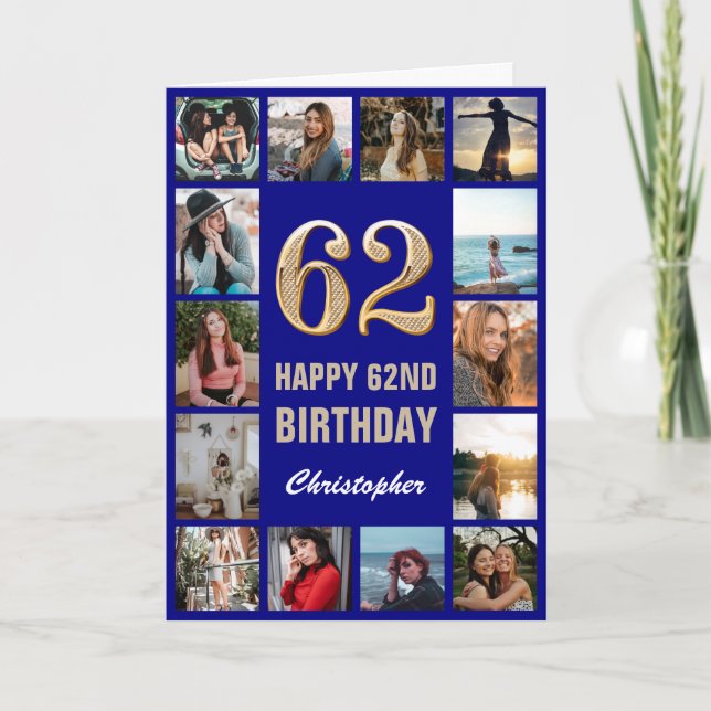 62nd Happy Birthday Navy Blue & Gold Photo Collage Card (Front)