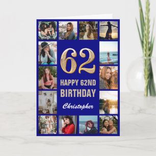 62nd Happy Birthday Navy Blue & Gold Photo Collage Card