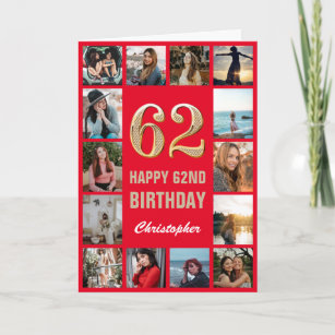 62nd Happy Birthday Red and Gold Photo Collage Card