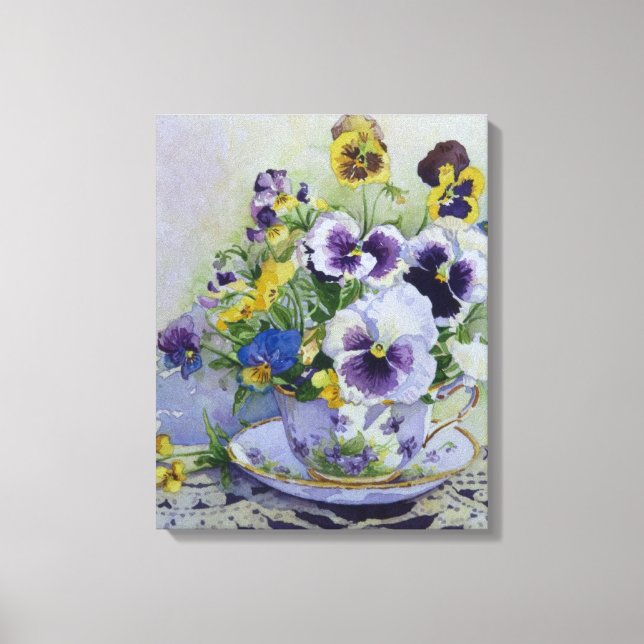 6300 Pansies in Teacup Wrapped Canvas Print (Front)