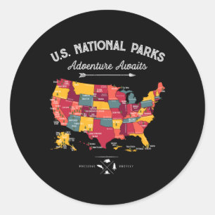 63 National Parks Map Us Park Retro Vintage Campin Classic Round Sticker