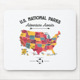 63 National Parks Map Us Park Retro Vintage Campin Mouse Mat