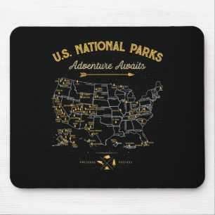 63 National Parks Map Us Park Retro Vintage Campin Mouse Mat