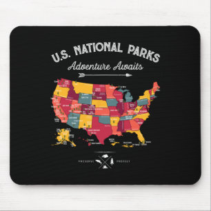 63 National Parks Map Us Park Retro Vintage Campin Mouse Mat