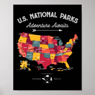 63 National Parks Map Us Park Retro Vintage Campin Poster