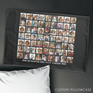 63 Square Photo Collage Grid with Text - black Pillowcase