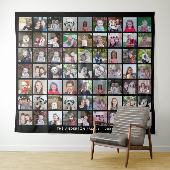 63 Square Photo Collage Grid with Text - black Tapestry (In Situ (Horizontal))