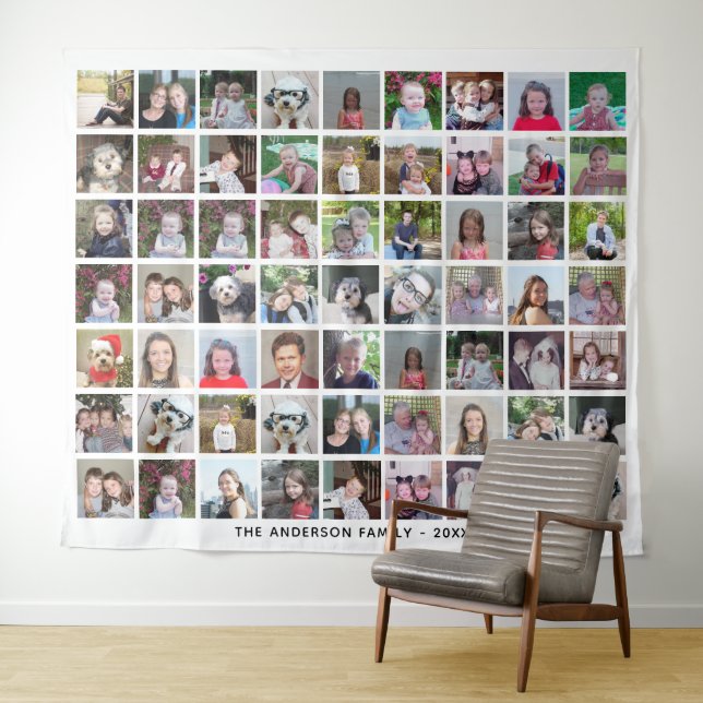 63 Square Photo Collage Grid with Text - white Tapestry (In Situ (Horizontal))