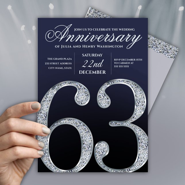 63rd Anniversary Diamond Silver Navy Blue Modern Invitation (Creator Uploaded)