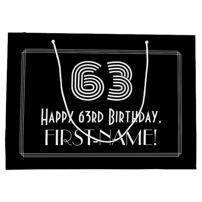 63rd Birthday — Art Deco Inspired Look "63" & Name Large Gift Bag (Back)