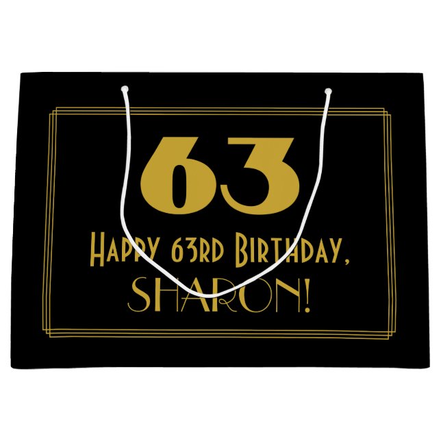 63rd Birthday — Art Deco Inspired Look "63" & Name Large Gift Bag (Front)