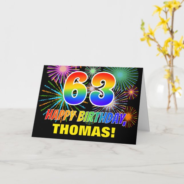 63rd Birthday: Bold, Fun, Fireworks, Rainbow 63 Card (Yellow Flower)