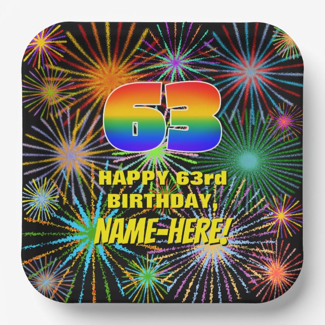63rd Birthday: Colourful, Fun Celebratory Firework Paper Plate (Front)