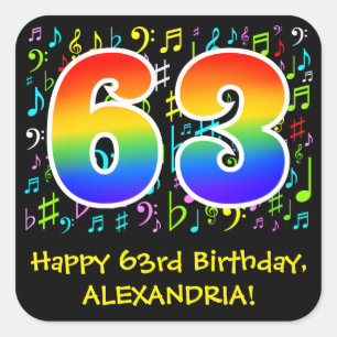 63rd Birthday: Colourful Music Symbols, Rainbow 63 Square Sticker