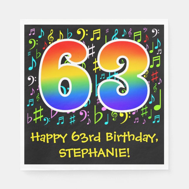63rd Birthday - Colourful Music Symbols, Rainbow 6 Napkin (Front)