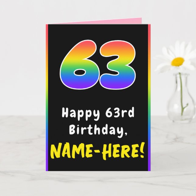 63rd Birthday: Colourful Rainbow # 63, Custom Name Card (Small Plant)