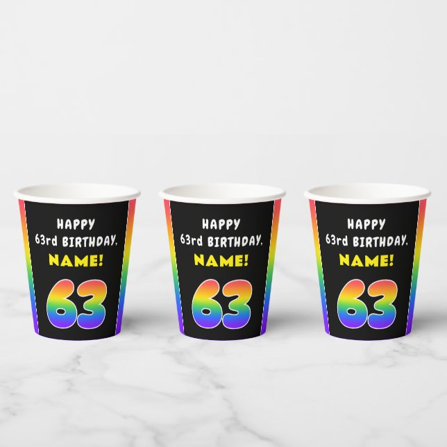 63rd Birthday: Colourful Rainbow # 63, Custom Name Paper Cups (Multi)