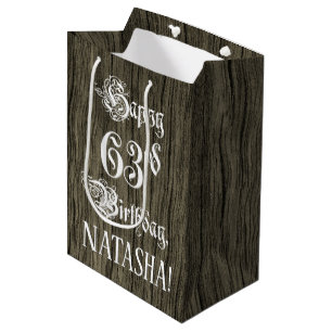 63rd Birthday: Fancy, Faux Wood Look + Custom Name Medium Gift Bag