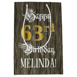 63rd Birthday: Faux Gold Look & Faux Wood Pattern Medium Gift Bag