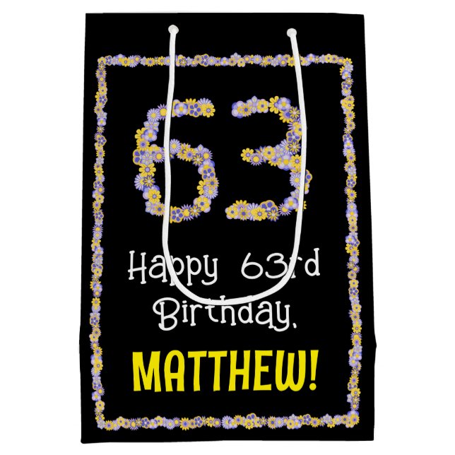 63rd Birthday: Floral Flowers Number, Custom Name Medium Gift Bag (Back)