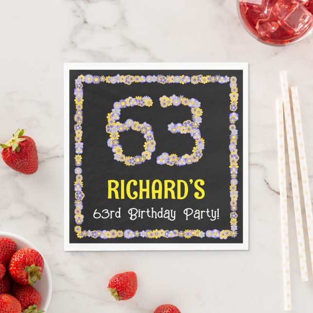 63rd Birthday: Floral Flowers Number, Custom Name Napkin (Insitu)