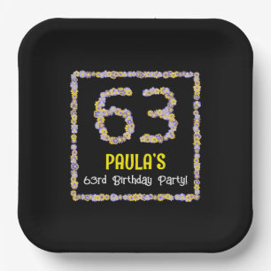 63rd Birthday: Floral Flowers Number, Custom Name Paper Plate