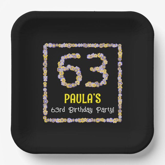 63rd Birthday: Floral Flowers Number, Custom Name Paper Plate (Front)