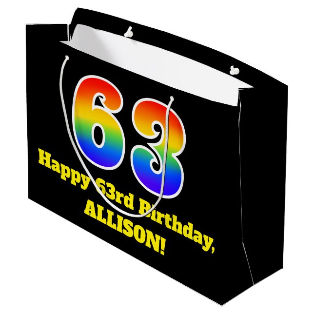 63rd Birthday ~ Fun, Colourful, Vibrant, Rainbow 6 Large Gift Bag (Back Angled)