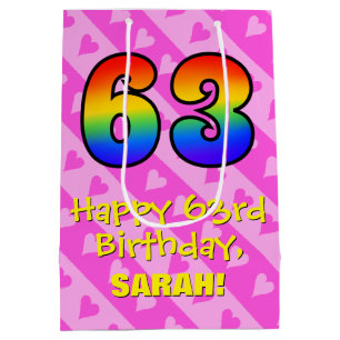 63rd Birthday: Fun Pink Hearts Stripes; Rainbow 63 Medium Gift Bag