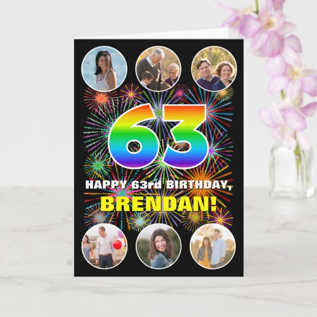 63rd Birthday: Fun Rainbow #, Custom Name & Photos Card (Orchid)