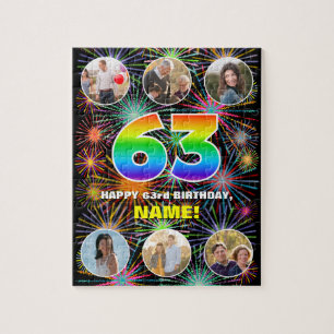 63rd Birthday: Fun Rainbow #, Custom Name + Photos Jigsaw Puzzle