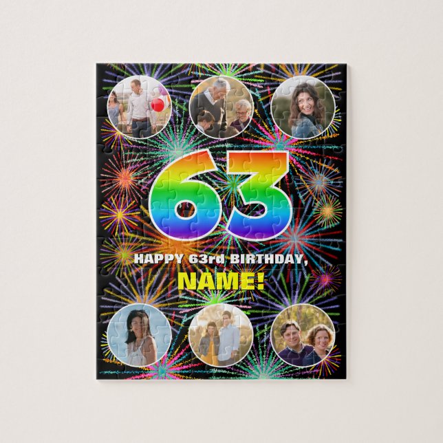 63rd Birthday: Fun Rainbow #, Custom Name + Photos Jigsaw Puzzle (Vertical)