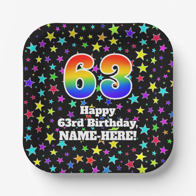 63rd Birthday: Fun Stars Pattern and Rainbow “63” Paper Plate (Front)