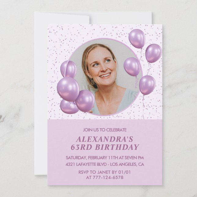 63rd birthday invitations Balloons Photo Purple (Front)
